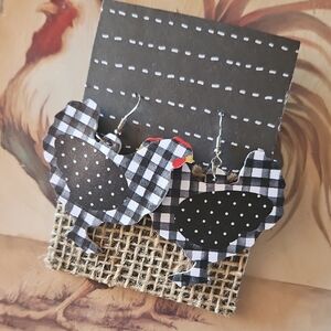 Black and White Checkered Chicken Earrings
